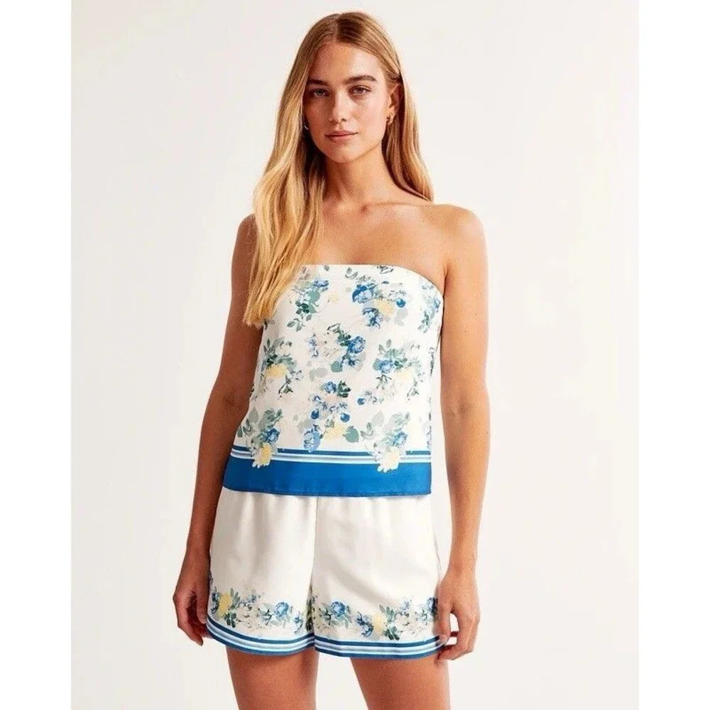 Abercrombie Faux Silk Tube Top Medium Blue Yellow Floral Satin Strapless EUC - Picture 2 of 5